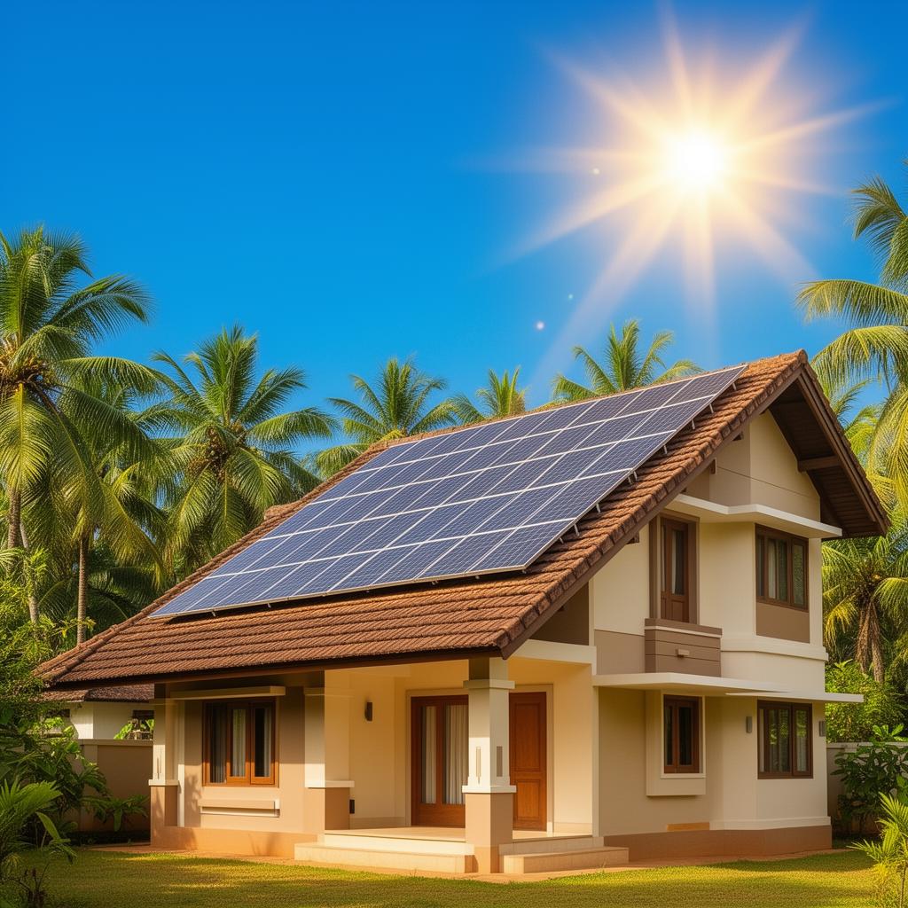 Kerala home with rooftop solar panels under bright daylight